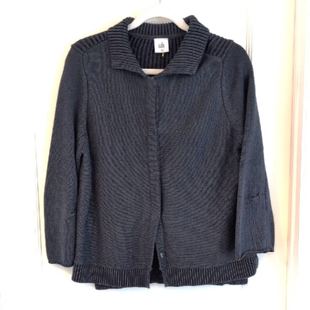 CAbi #3523 Pursuit Ribbed Knit Cardigan Sweater Med Navy Blue Cotton Blend snap
